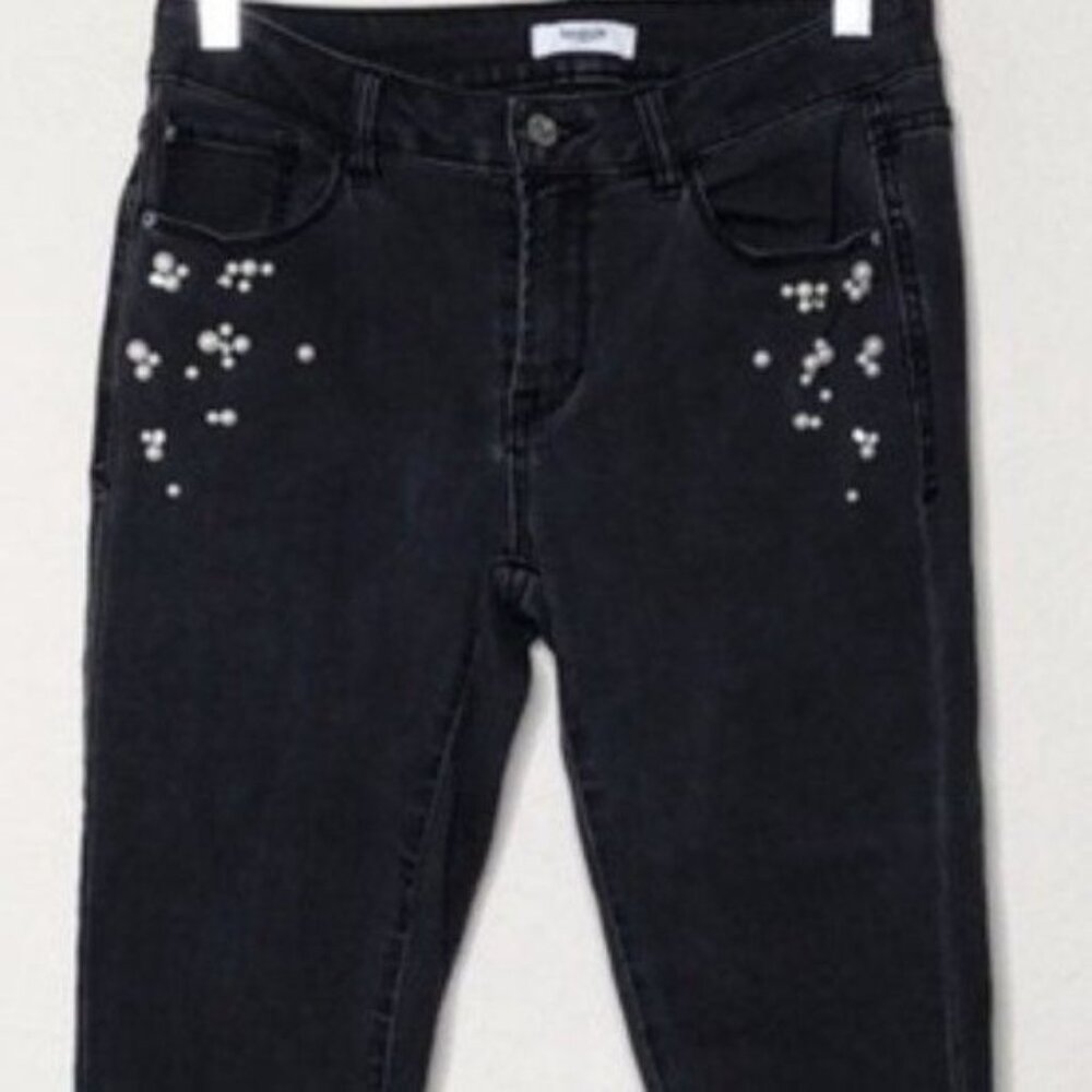 Kensie Gray Faux Pearls and Rhinestone Accent Jeans